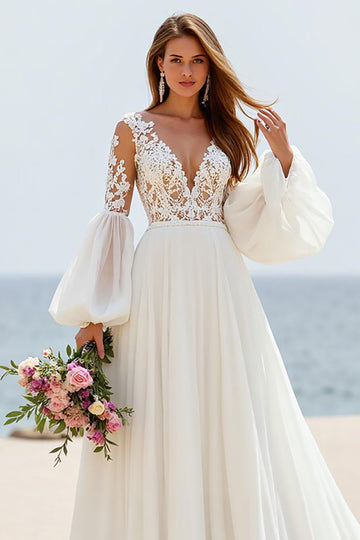 Ivory Appliqued A Line Wedding Dress with Puff Sleeves
